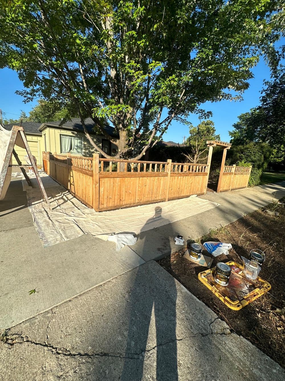 Wooden fence installation around a tree, with tools and paint supplies nearby on a sunny day.