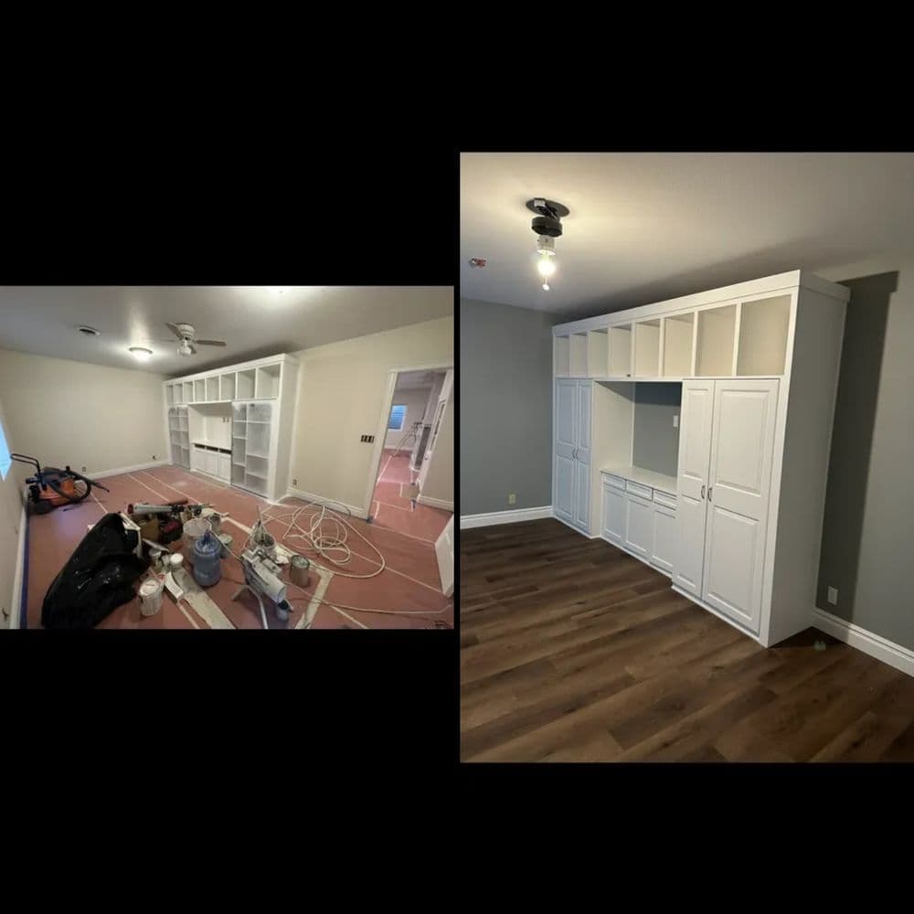 Before and after of a room renovation featuring white cabinetry and new flooring.