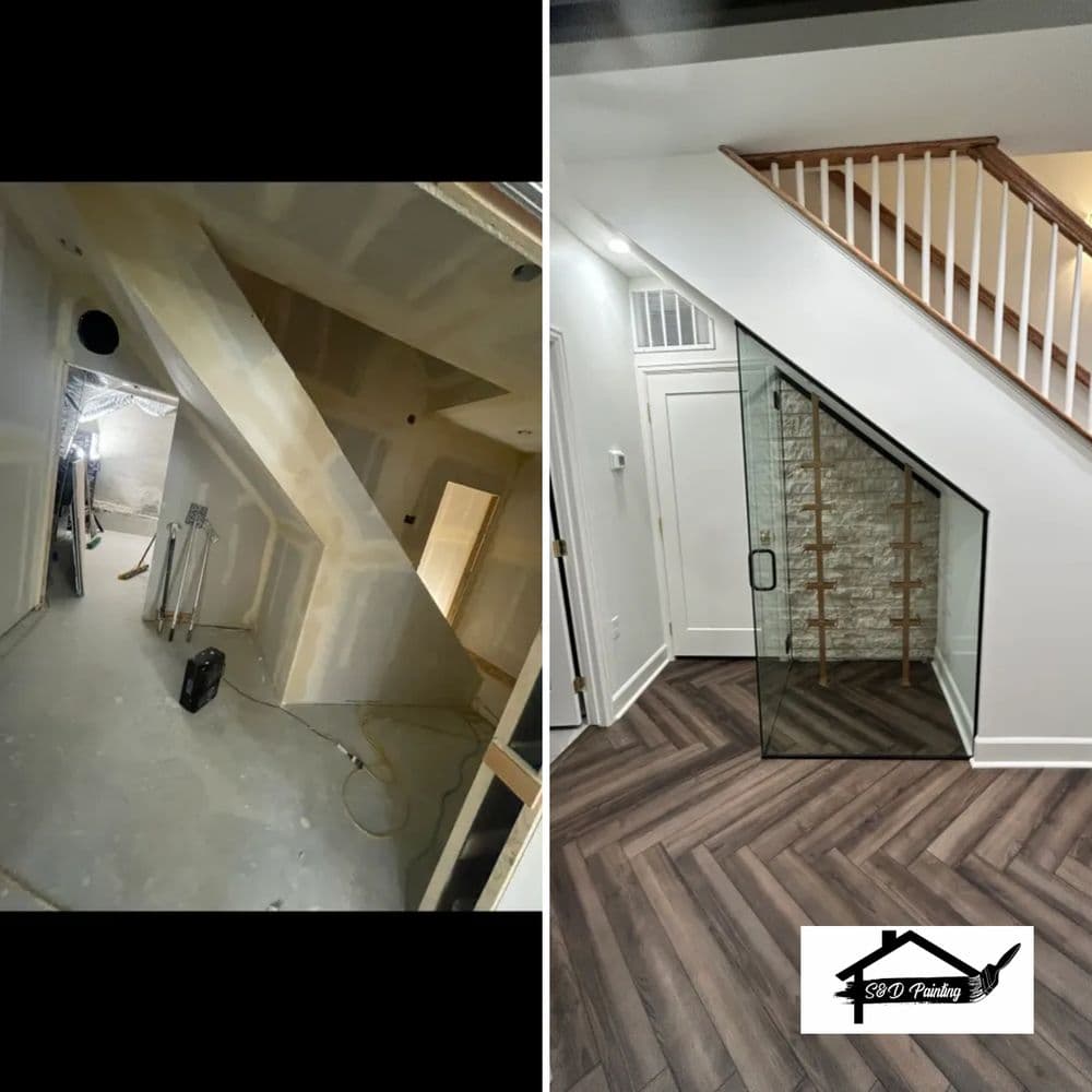 Before and after renovation of a staircase area showcasing new glass installation and flooring.